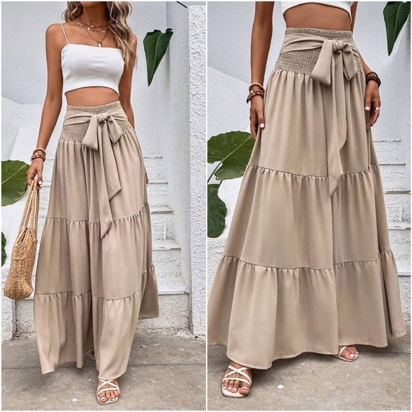 Boho High Waisted Front tie Ruffle flowy Maxi Skirt - Picture 2 of 8